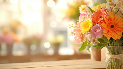 Vibrant bouquet of gerbera daisies and roses on wooden table with soft bokeh background