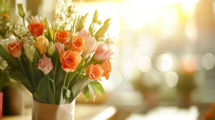 Vibrant floral bouquet with sunlit background in a warm and inviting setting