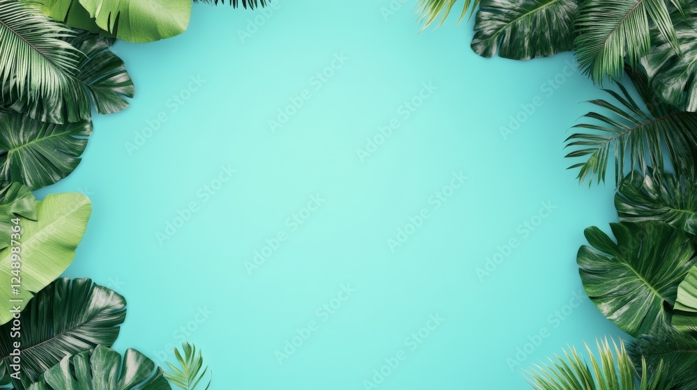 Poster lush tropical leaves are creating a vibrant frame on a turquoise background, providing ample copy sp