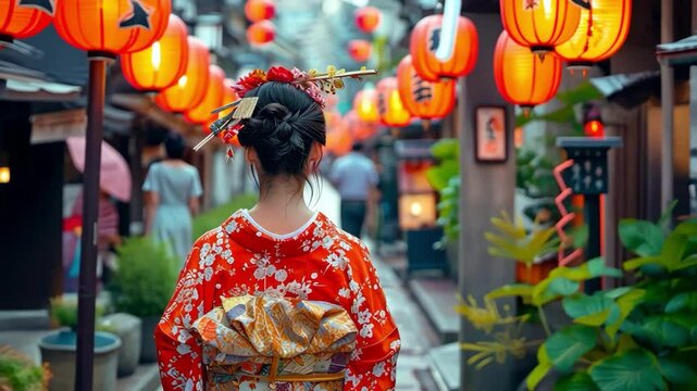 A woman wearing a red kimono walks down a street with lanterns hanging overhead. The lanterns are orange and the woman is the main focus of the image. The scene has a traditional