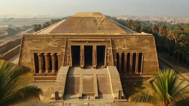 The entrance to a large pyramid in Egypt. The pyramid is surrounded by a wall and has a large entrance with columns. The scene is quite dramatic and gives off a sense of awe and wonder