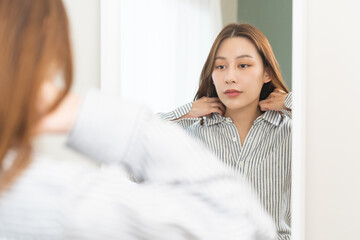 Get dress, pretty asian young woman, businesswoman standing wearing striped shirt, female getting...