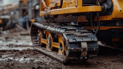Close up of heavy machinery tracks moving through a muddy construction site, showcasing robust engineering and industrial design. The machinery is built for challenging environments