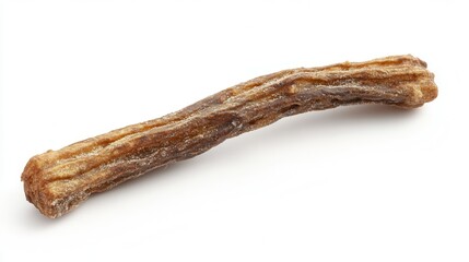 A long piece of food rests on a clean white surface, showcasing its texture and color against a minimalist backdrop.