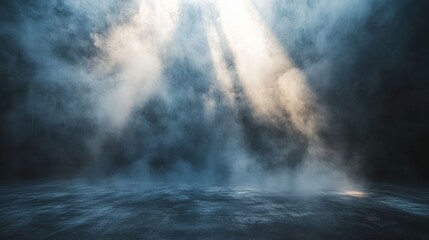 Ethereal Foggy Stage with Rising Smoke Illuminated by Soft Light for Dramatic and Artistic Photography or Creative Projects