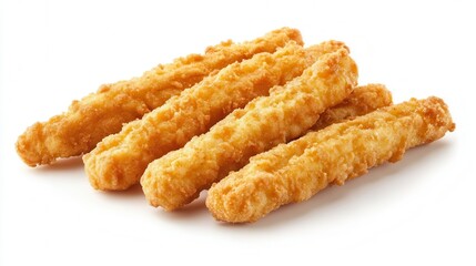 Five golden breaded chicken sticks are neatly arranged on a clean white surface, showcasing their crispy texture and appetizing appearance.