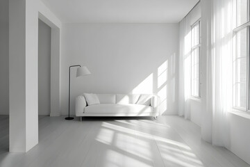 Fototapeta premium Minimalist white living room interior with a sofa and lamp on a wooden floor, front view. 