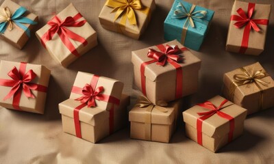 Obraz premium Decorated gift boxes on a rustic paper background, gift packaging, handmade gifts, decorated gift box