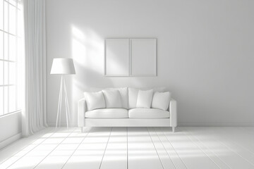 Minimalist white living room interior with a sofa and lamp on a wooden floor, front view. 