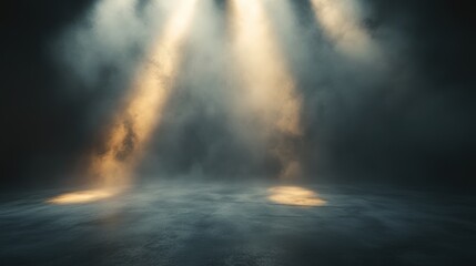 Obraz premium Foggy stage scene with smoke rising from the ground, illuminated by dramatic beams of light, perfect for creative visuals and atmospheric settings