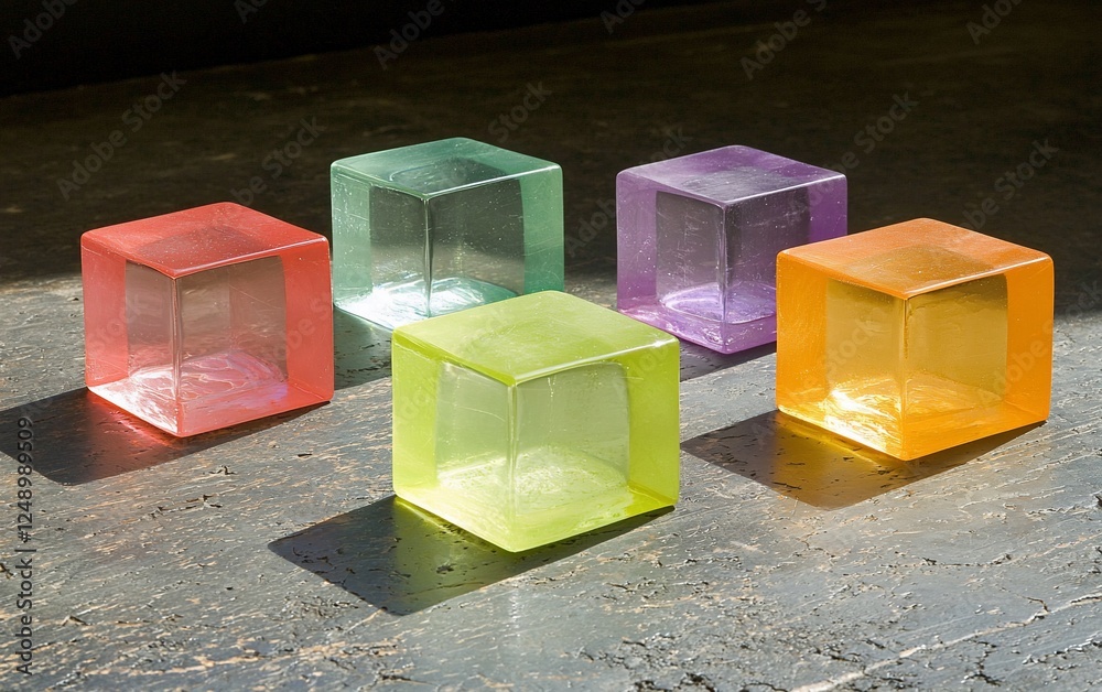 Poster colorful translucent cubes on dark surface, showcasing light and shadow. possible use home decor, de
