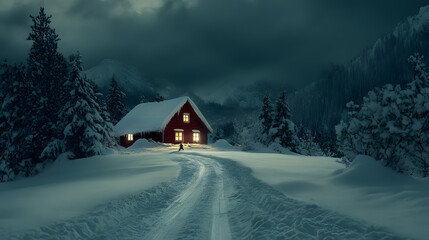 A cozy red cabin nestled in snowy woods, illuminated warmly against a dark, cloudy sky