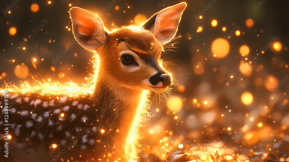 Poster a charming fawn glows softly amidst a backdrop of shimmering light, showcasing its delicate features
