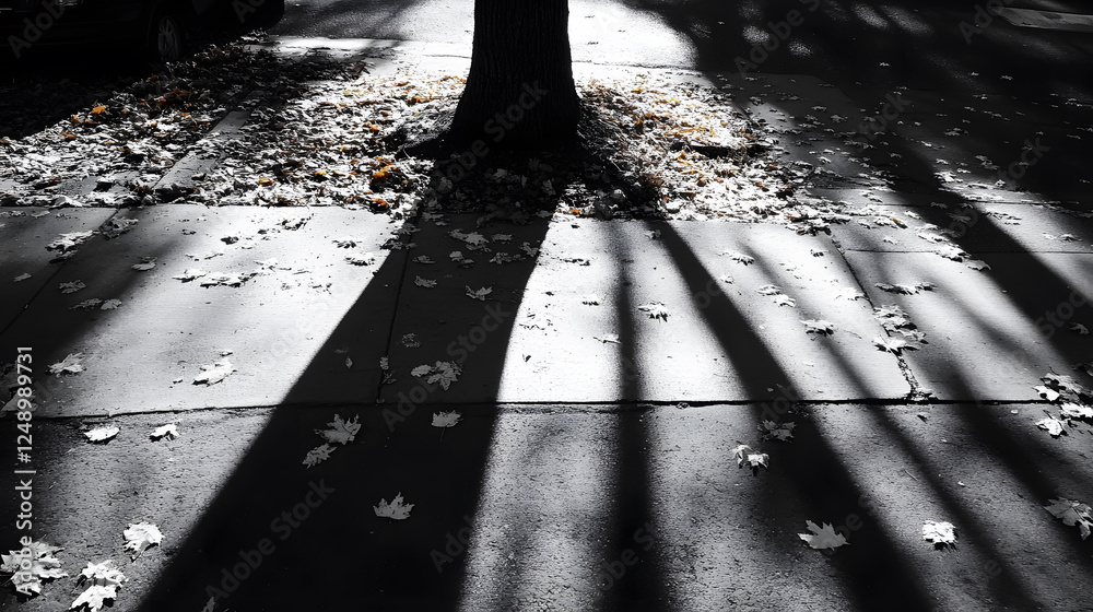 Aufkleber a serene black-and-white scene featuring a tree casting long shadows on a sidewalk scattered with fa