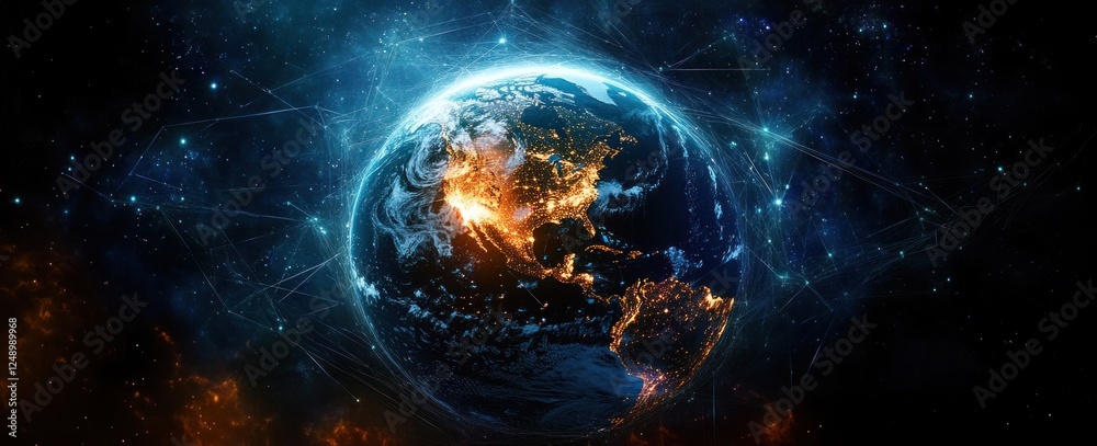 Aufkleber global network and communication technology in a cyberpunk earth view from space