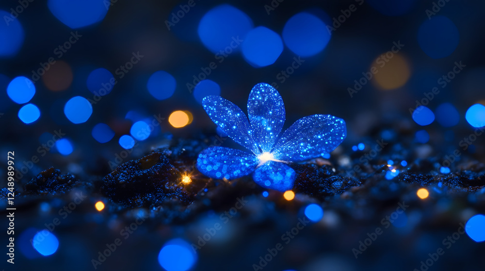 Poster a vivid blue flower sparkles in a sea of shimmering bokeh lights, creating a dreamy and enchanting a
