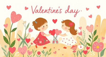 Valentine's Day concept Greeting card with spring flowers and gift box blooming garden 3d rendering, 3d Vector illustration