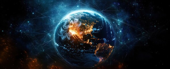 Obraz premium Global Network and Communication Technology in a Cyberpunk Earth View from Space