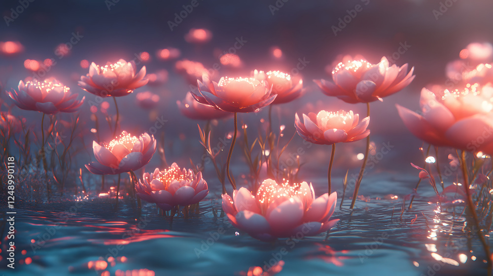 Poster a serene scene of glowing pink lotus flowers floating in tranquil water, creating a magical atmosphe
