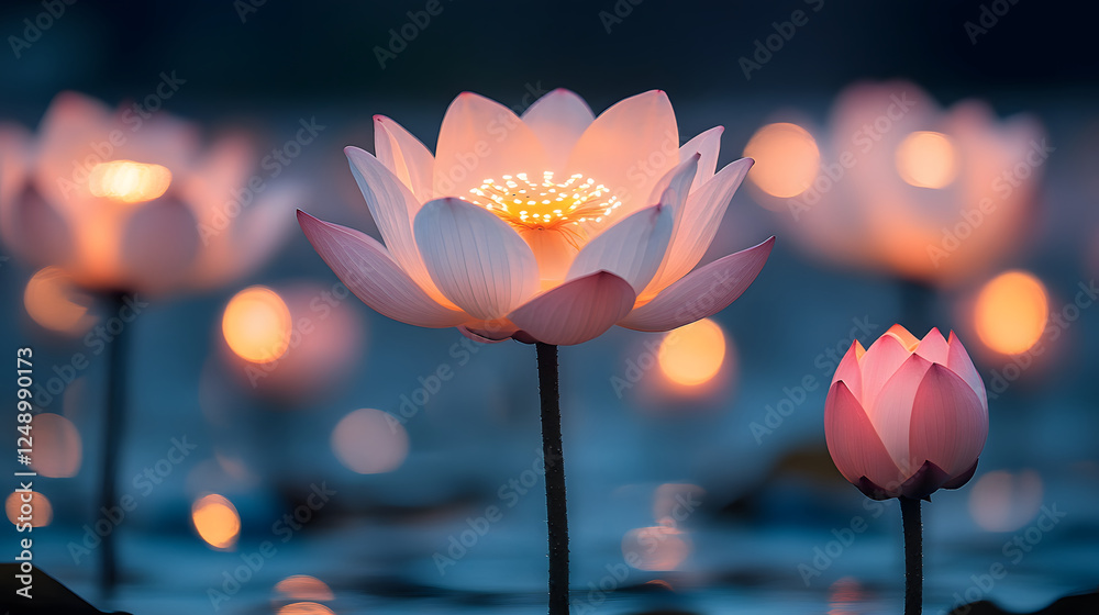 Aufkleber serene lotus flowers illuminated at dusk, creating a peaceful ambiance on still water with soft glow