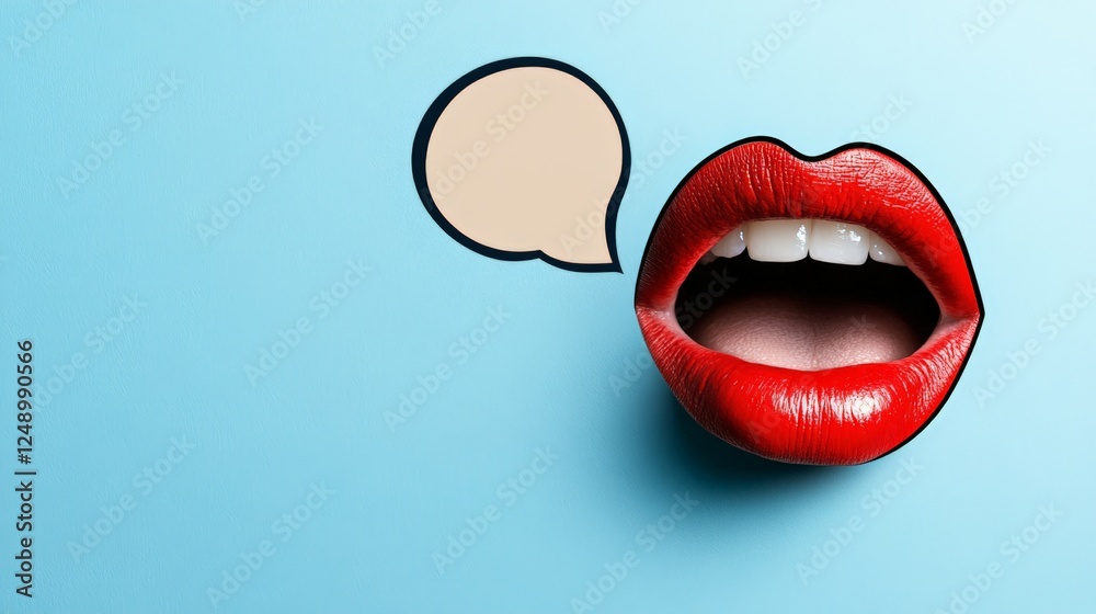 Aufkleber Open red lips with white teeth are next to an empty speech bubble in a pop art style image promoting freedom of speech and dental care on a vibrant blue background