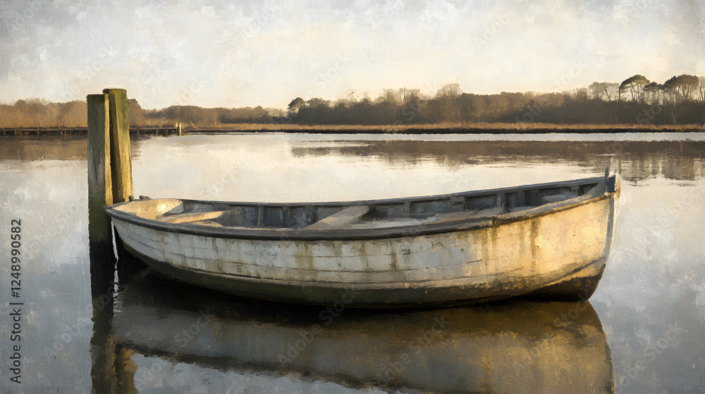 Poster a serene scene featuring a weathered boat moored by a post on calm waters, reflecting soft light and