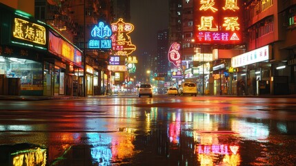 Obraz premium A vibrant city street illuminated at night, featuring colorful neon signs and moving cars, creating a lively urban atmosphere.