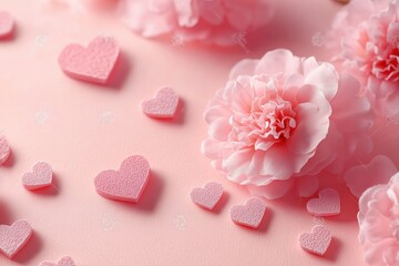 Fototapeta premium Pink Flowers and Hearts Romantic Flat Lay for Valentine's Day