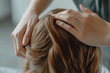 Naklejka premium Primer plano de unas manos realizando un masaje relajante en el cuero cabelludo de una mujer. El cabello castaño claro refleja suavidad y cuidado, evocando tranquilidad y bienestar.