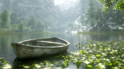 Peaceful lake boat, misty mountains, serene scenery, tranquil nature, idyllic escape, calm water, natural beauty