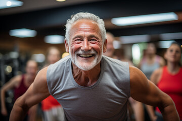 Rodeada de otros participantes, irradia vitalidad y energía, promoviendo un estilo de vida activo y saludable.Un hombre mayor sonriente lidera una clase de fitness grupal en un gimnasio.