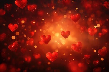 Obraz premium Abstract Love Background with Scattered Red Hearts and Golden Light for Valentine's Day and Women's Day
