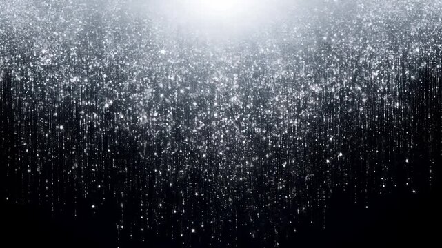 4k video footage of shimmering silver glitter particles gently falling against a dark background, creating an elegant and magical atmosphere perfect for celebrations, luxury, and festive designs.  
