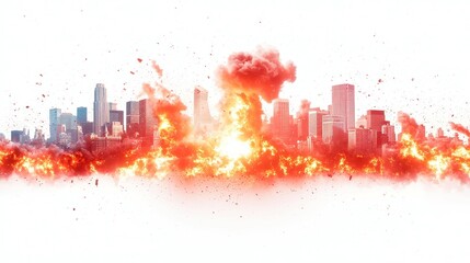 Fototapeta premium Cityscape engulfed in an enormous firestorm, vibrant flames consuming buildings, smoke billowing upward, starkly contrasting against a pure white background.