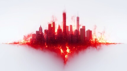 Fototapeta premium City engulfed in a massive firestorm, vibrant flames consuming buildings, smoke billowing upwards, stark contrast against a crisp white backdrop, depicting chaos and destruction.