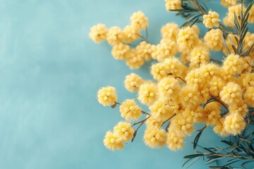 Mimosa Flowers Still Life on Blue Background Spring Floral Composition