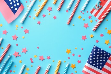 4th of July Independence Day Decorations American Flags and Colorful Confetti on Blue Background