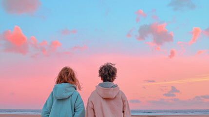 Fototapeta premium Romantic couple walking along beach at pastel pink and blue sunset with copy space