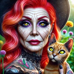 Old witch with tattoos with orange cat