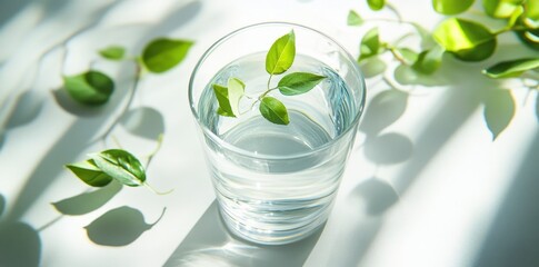 Fresh Water with Green Leaves in Clear Glass on Bright Background