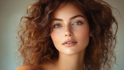 Fototapeta premium Beauty portrait of black woman with curly hair smiling on beige background showing healthy skin