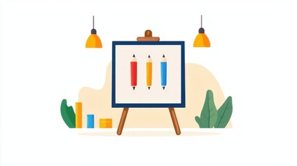 Obraz premium business mindset vision focus. Entrepreneur presenting a clear business vision with focus markers on a digital board, flat design illustration