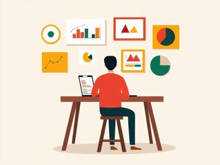 business mindset vision focus. Entrepreneur analyzing data charts, focusing on a long-term vision, flat design illustration