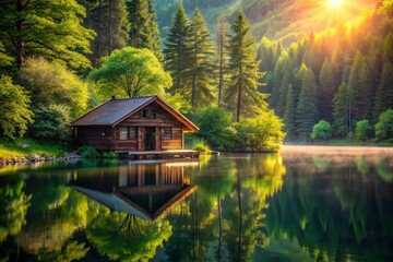 Fototapeta premium Cozy Cabin Retreat: Tranquil Lake & Lush Forest Escape