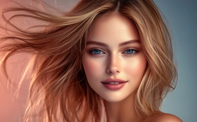 Fototapeta premium Close-up portrait of a beautiful woman with flowing curly hair and a pleasant smile on a soft gradient background