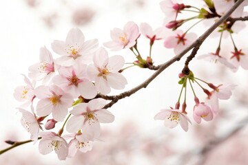 Delicate cherry blossoms against a crisp white background with hints of pink, delicate petals, cherry blossom arrangement spring flowers, subtle beauty, flower patterns