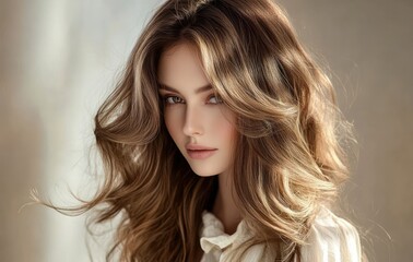 Fototapeta premium Glamorous High Fashion Portrait of Woman with Long Wavy Hair and Natural Light