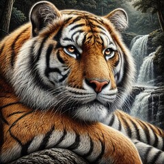 Obraz premium A close-up of a tiger depicted against a dense jungle backdrop. Detailed fur, an expressive gaze and the natural play of light and shadow highlight the power and grace of this majestic animal. 