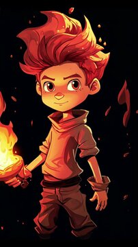 Fireboy cartoon character design with fiery superpowers and bold personality
