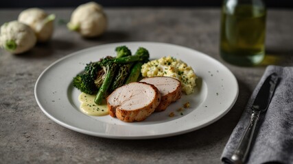 Elegant plate featuring tender meat slices, vibrant green broccoli, and creamy cauliflower mash.